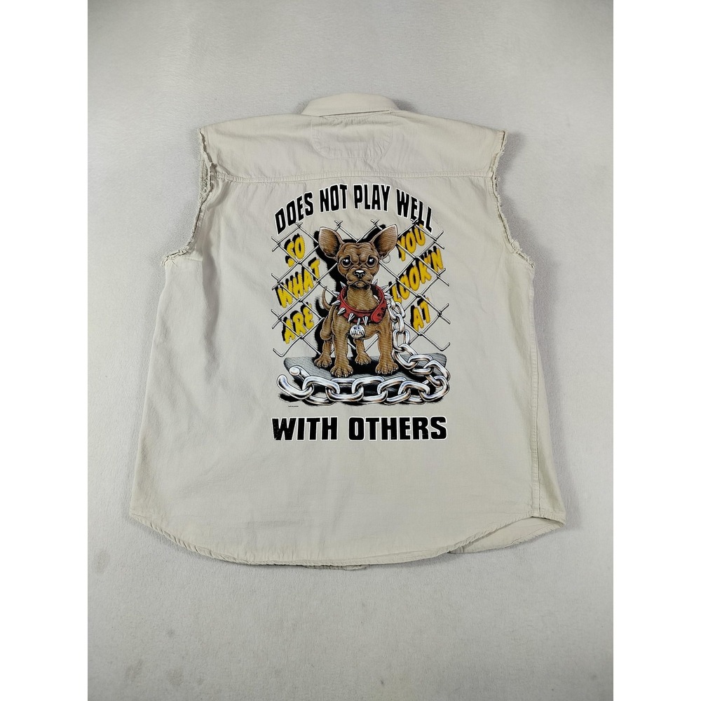Biker Design Shirt Mens XL Beige Sleeveless Cutoff‎ Dog Graphic Bikercore Moto